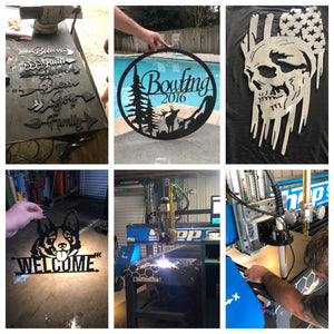 collage of custom metal signs and plasma-cnc equipment